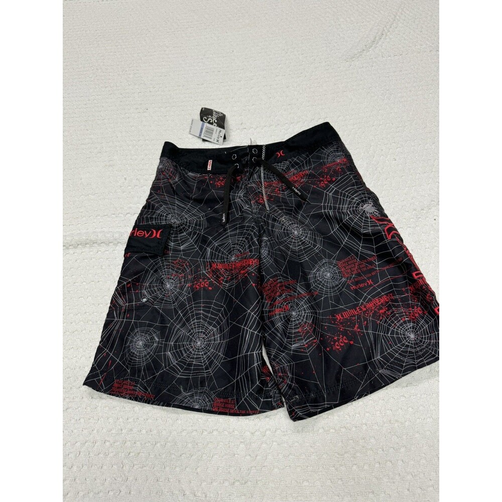 Hurley Youth Size 18 Black and Red Board Shorts Spider Web Design